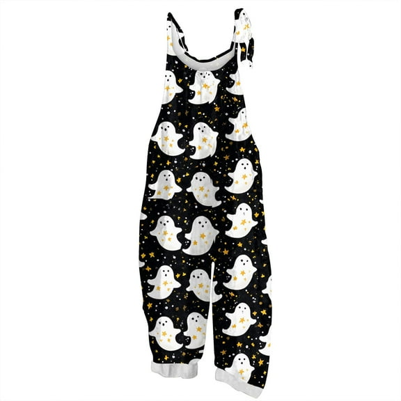 WTOBBY Women's Halloween Printed Jumpsuit, Retro Casual Loose Fit with Suspenders in Cotton Linen Blend, Great for Everyday Comfort and Fashion,BlackS