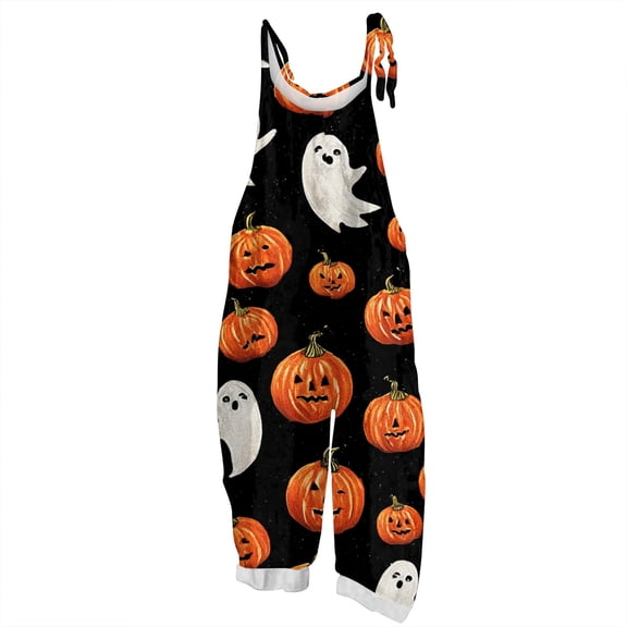 WTOBBY Women's Halloween Printed Jumpsuit, Retro Casual Loose Fit with Suspenders in Cotton Linen Blend, Great for Everyday Comfort and Fashion,Earthy YellowL