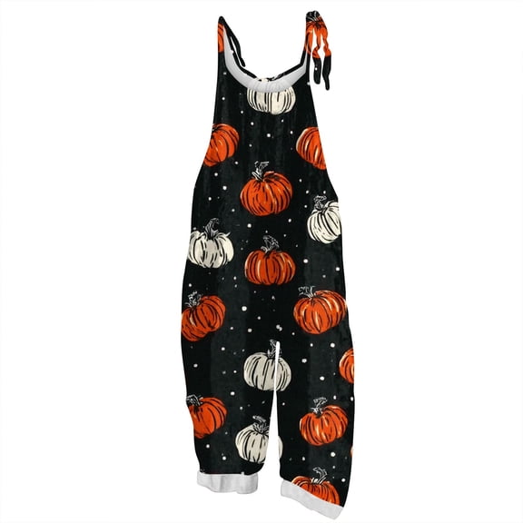 WTOBBY Women's Halloween Printed Jumpsuit, Retro Casual Loose Fit with Suspenders in Cotton Linen Blend, Great for Everyday Comfort and Fashion,SaffronS