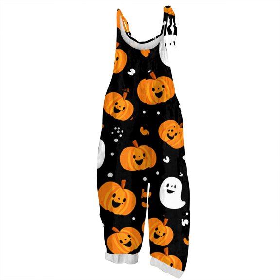 WTOBBY Women's Halloween Printed Jumpsuit, Retro Casual Loose Fit with Suspenders in Cotton Linen Blend, Great for Everyday Comfort and Fashion,YellowM