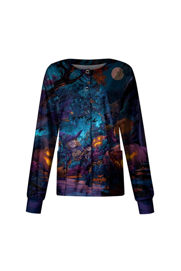 Women's Halloween Printed Nurse Uniform Top Long Sleeve Single Breasted Style - Perfect for Medical Staff and Halloween Costumes with Comfortable Button Closure,Dark Blue L