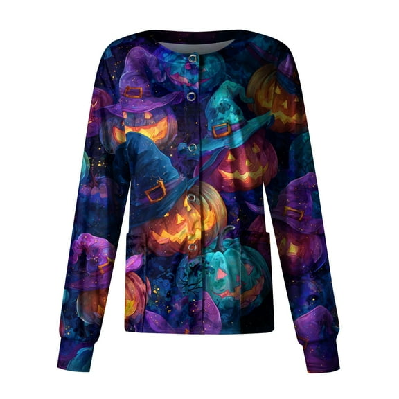 WTOBBY Women's Halloween Printed Nurse Uniform Top Long Sleeve Single Breasted Style - Perfect for Medical Staff and Halloween Costumes with Comfortable Button Closure,Royal Blue M