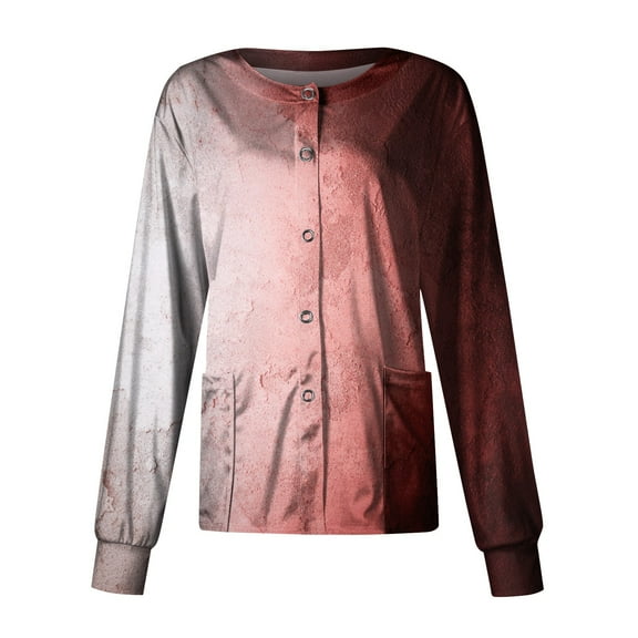 WTOBBY Women's Halloween Printed Nurse Uniform Top Long Sleeve Single Breasted Style - Perfect for Medical Staff and Halloween Costumes with Comfortable Button Closure,Wine S