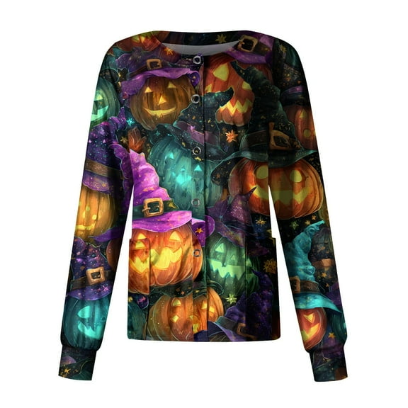 WTOBBY Women's Halloween Printed Nurse Uniform Top Long Sleeve Single Breasted Style - Perfect for Medical Staff and Halloween Costumes with Comfortable Button Closure,Turquoise S