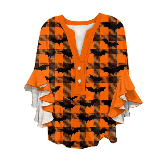 WTOBBY Women's Halloween Printed V-Neck 3/4 Sleeve Casual Shirt Loose Fit Blouse Tunic Top with Asymmetrical Hem for Fall Holiday Party,Orange 2XL