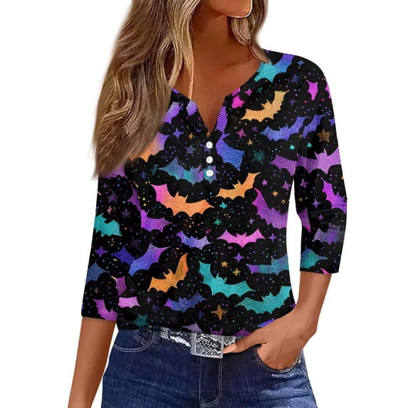 WTOBBY Women's Halloween Printed V-Neck Button Detail Tee with 3/4 Sleeve, Casual Weekend Fashion Top for Fall Season, Comfortable Daily Wear Apparel,Purple L