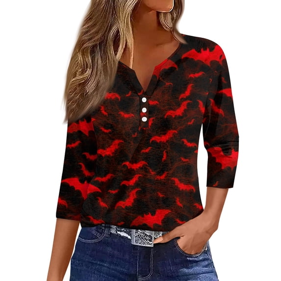 WTOBBY Women's Halloween Printed V-Neck Button Detail Tee with 3/4 Sleeve, Casual Weekend Fashion Top for Fall Season, Comfortable Daily Wear Apparel,Red L