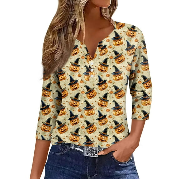 WTOBBY Women's Halloween Printed V-Neck Decorative Button Blouse with 3/4 Sleeve, Casual Short Sleeve Design Top for Fall Season, Comfortable Fashion Apparel,Fluorescence Yellow 2XL