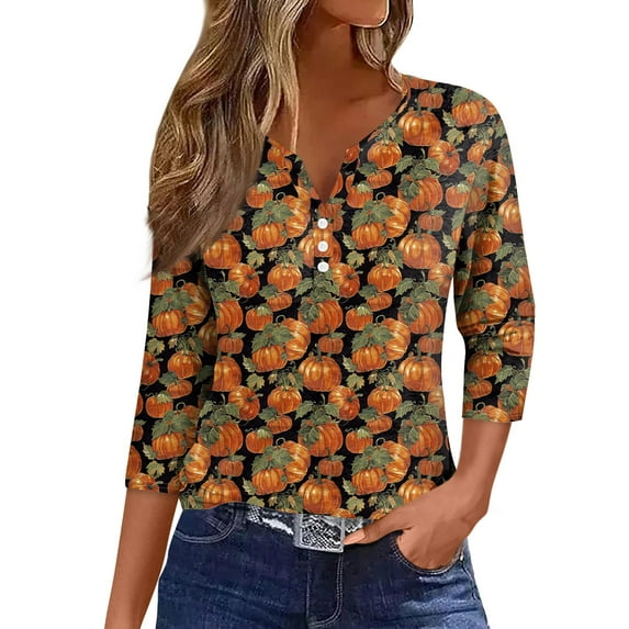 WTOBBY Women's Halloween Printed V-Neck Decorative Button Blouse with 3/4 Sleeve, Casual Short Sleeve Design Top for Fall Season, Comfortable Fashion Apparel,Saffron L