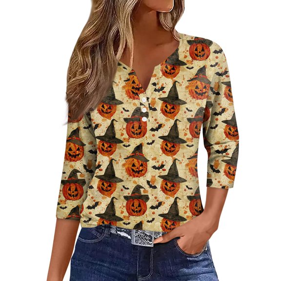 WTOBBY Women's Halloween Printed V-Neck Decorative Button Blouse with 3/4 Sleeve, Casual Short Sleeve Design Top for Fall Season, Comfortable Fashion Apparel,Yellow XL