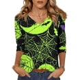 thumbnail image 1 of WTOBBY Women's Halloween Printed V-Neck Loose Shirt with 3/4 Sleeve, Casual Button Detail T-Shirt Top for Fall Season, Comfortable Fashion Apparel and Daily Wear,Green L, 1 of 6