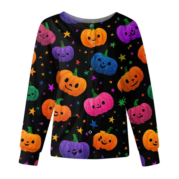 WTOBBY Women's Halloween Printed Workwear Jacket Tops Long Sleeve Standing Collar Single Breasted Style - Ideal for Nurse Uniform and Fashion Outerwear Daily Wear,Hot Pink M
