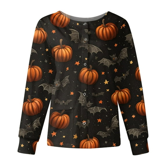 WTOBBY Women's Halloween Printed Workwear Jacket Tops Long Sleeve Standing Collar Single Breasted Style - Ideal for Nurse Uniform and Fashion Outerwear Daily Wear,Navy S
