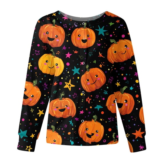 WTOBBY Women's Halloween Printed Workwear Jacket Tops Long Sleeve Standing Collar Single Breasted Style - Ideal for Nurse Uniform and Fashion Outerwear Daily Wear,Orange 5XL