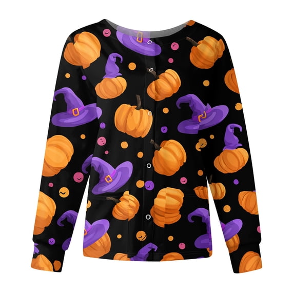 WTOBBY Women's Halloween Printed Workwear Jacket Tops Long Sleeve Standing Collar Single Breasted Style - Ideal for Nurse Uniform and Fashion Outerwear Daily Wear,Light Purple 4XL