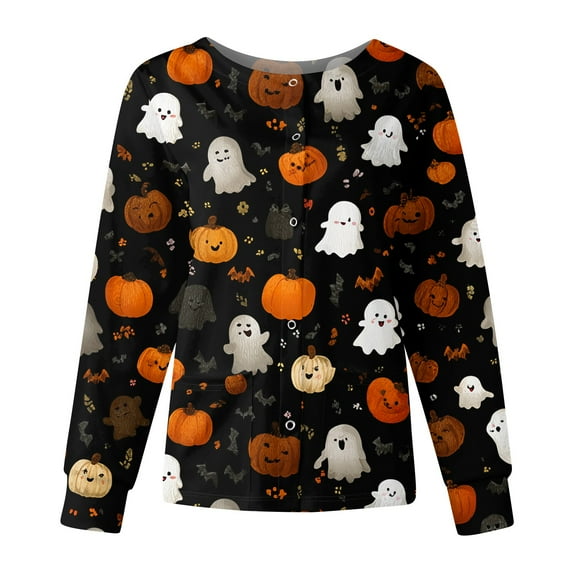WTOBBY Women's Halloween Printed Workwear Jacket Tops Long Sleeve Standing Collar Single Breasted Style - Ideal for Nurse Uniform and Fashion Outerwear Daily Wear,Black S