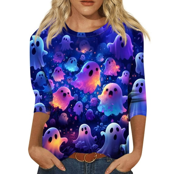 WTOBBY Women's Halloween Theme Round Neck Printed Top with 3/4 Sleeve, Casual Loose Fit Blouse for Fall Season, Comfortable Fashion Apparel and Daily Wear,Light Purple M