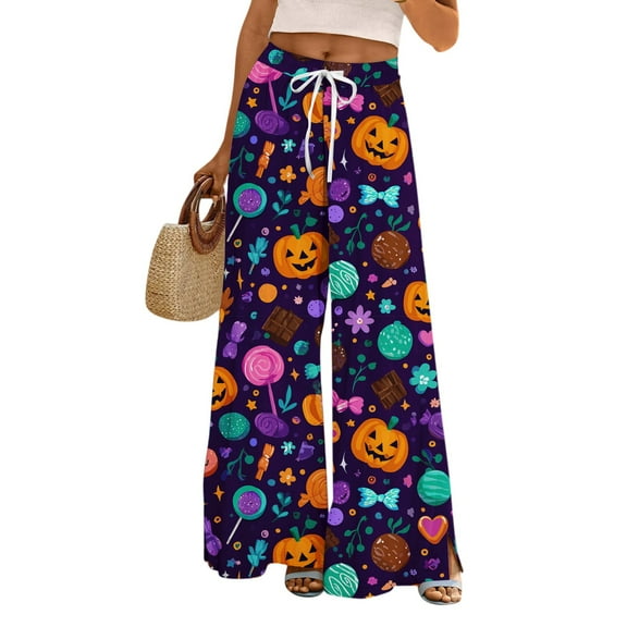 WTOBBY Women's Halloween Themed Elastic Waist Drawstring Pocket Pants, Loose Casual Printed Wide Leg Trousers for Seasonal Holiday Wear,Dark Purple S