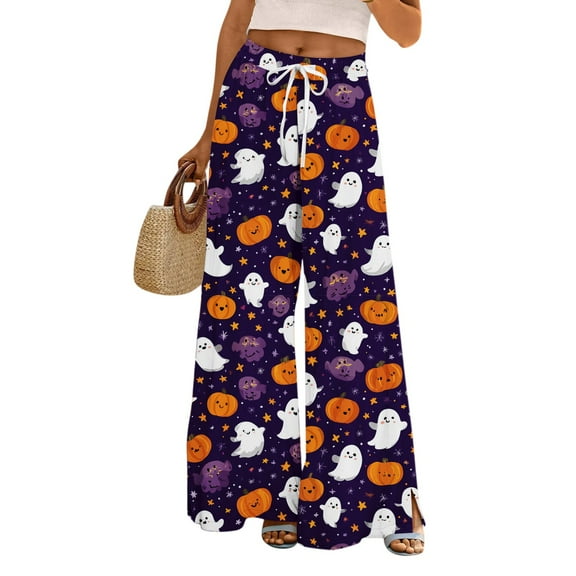 WTOBBY Women's Halloween Themed Elastic Waist Drawstring Pocket Pants, Loose Casual Printed Wide Leg Trousers for Seasonal Holiday Wear,Purple S