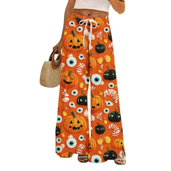 WTOBBY Women's Halloween Themed Elastic Waist Drawstring Pocket Pants, Loose Casual Printed Wide Leg Trousers for Seasonal Holiday Wear,Saffron S