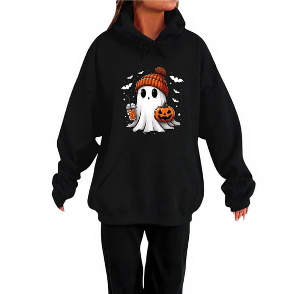 WTOBBY Women's Halloween Themed Pullover Hoodie and Jogger Pants Set, Cozy Casual Graphic Print Two Piece Lounge Wear for Women,Black M