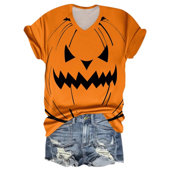 WTOBBY Women's Halloween Themed Top with V-Neck, Pumpkin Print, and Raglan Sleeves, Fashion Casual 3/4 Length Design for Seasonal Wear,Short Sleeve Tee Shirt for Parties,Ginger S