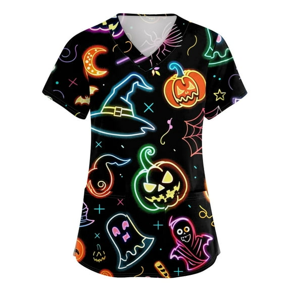 WTOBBY Women's Halloween Themed V-Neck Short Sleeve Top Featuring a Side Pocket and Slit Hem,Comfortable Workwear and Everyday Fashion Shirt with Printed Graphics,Light Blue M
