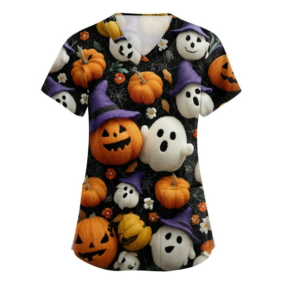 WTOBBY Women's Halloween Themed V-Neck Short Sleeve Top Featuring a Side Pocket and Slit Hem,Comfortable Workwear and Everyday Fashion Shirt with Printed Graphics,Orange M