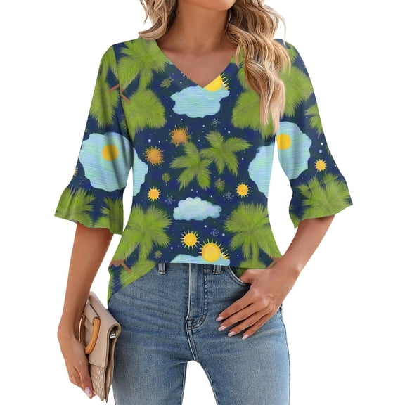 WTOBBY Women's Hawaiian Print Vacation Shirt V-Neck 3/4 Sleeve Puffy Sleeve Top Beachwear Tunic with Tropical Floral Pattern,Army Green L