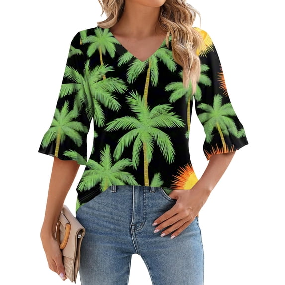 WTOBBY Women's Hawaiian Print Vacation Shirt V-Neck 3/4 Sleeve Puffy Sleeve Top Beachwear Tunic with Tropical Floral Pattern,Black 3XL