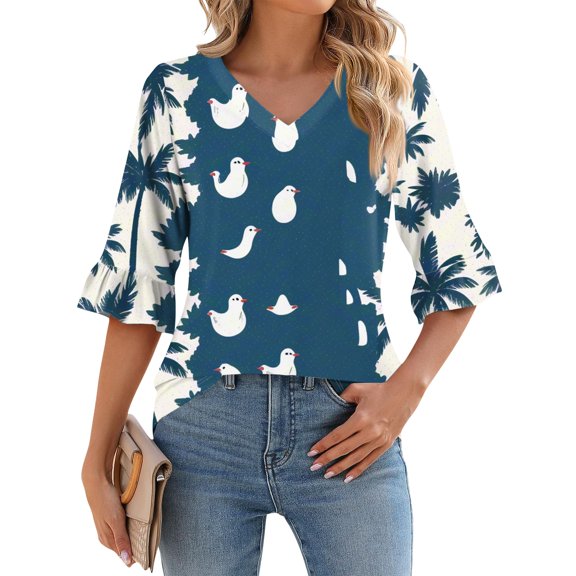 WTOBBY Women's Hawaiian Print Vacation Shirt V-Neck 3/4 Sleeve Puffy Sleeve Top Beachwear Tunic with Tropical Floral Pattern,Blue L