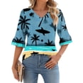 thumbnail image 1 of WTOBBY Women's Hawaiian Print Vacation Shirt V-Neck 3/4 Sleeve Puffy Sleeve Top Beachwear Tunic with Tropical Floral Pattern,Dark Blue L, 1 of 4