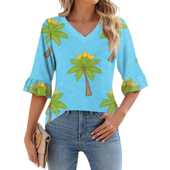 WTOBBY Women's Hawaiian Print Vacation Shirt V-Neck 3/4 Sleeve Puffy Sleeve Top Beachwear Tunic with Tropical Floral Pattern,Royal Blue S
