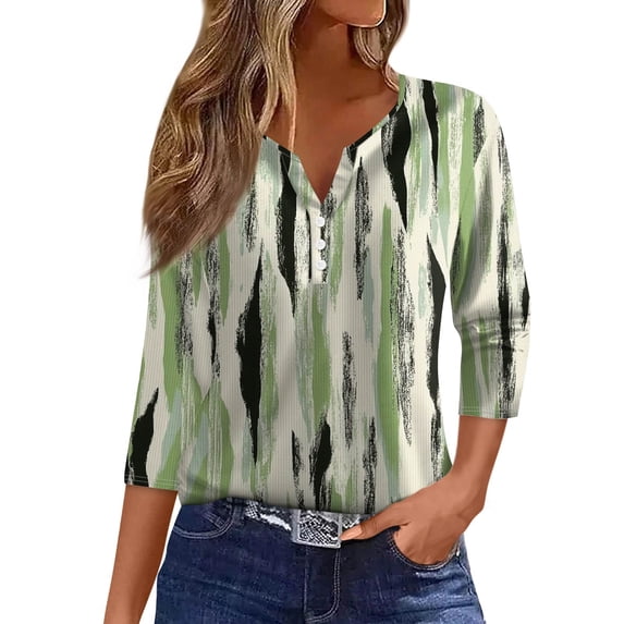 WTOBBY Women's Henley Neck Ribbed Knit Top Floral Print 3/4 Sleeve Button-Down Tunic Casual V-Neck T-Shirt Relaxed Fit Comfortable Wear,Green XL