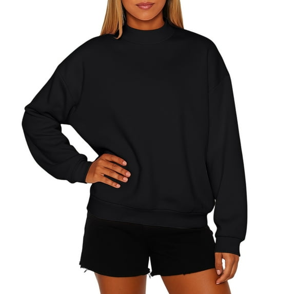 WTOBBY Women's High Neck Fleece Sweatshirt Solid Color Loose Fit Pullover Top Fall Winter Casual Wear with Warm Comfort Style,Black L