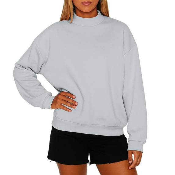 WTOBBY Women's High Neck Fleece Sweatshirt Solid Color Loose Fit Pullover Top Fall Winter Casual Wear with Warm Comfort Style,Gray L