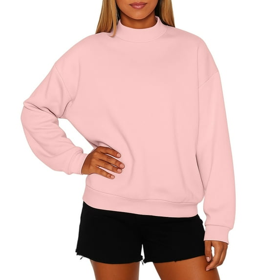 WTOBBY Women's High Neck Fleece Sweatshirt Solid Color Loose Fit Pullover Top Fall Winter Casual Wear with Warm Comfort Style,Pink 2XL