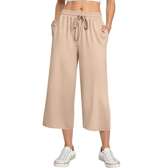 WTOBBY Women's High Waist Adjustable Knot Flowy Cropped Pants, Cotton and Linen Wide Leg Design for Summer Yoga and Casual Wear - Comfortable Plus Size Option,Khaki XL