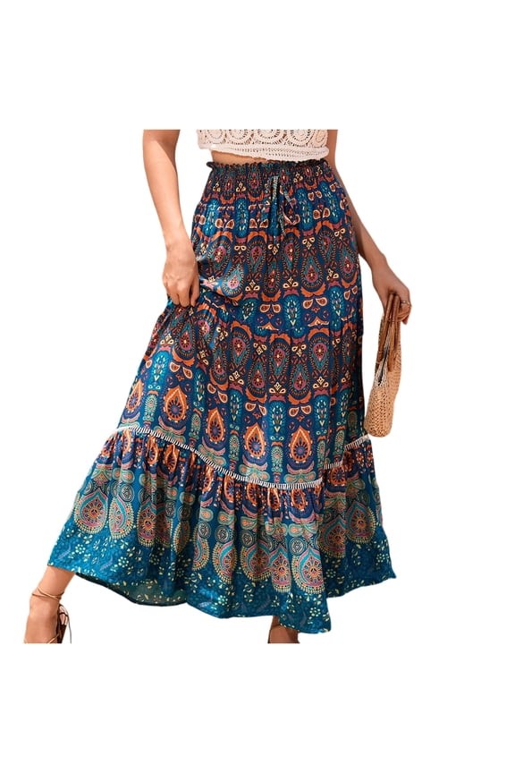 Women's High Waist Flowy Maxi Skirt Casual Large Swishy Circle Skirt Elastic Waist Tiered Long Skirt for Summer Beach and Daily Boho Style,Navy S