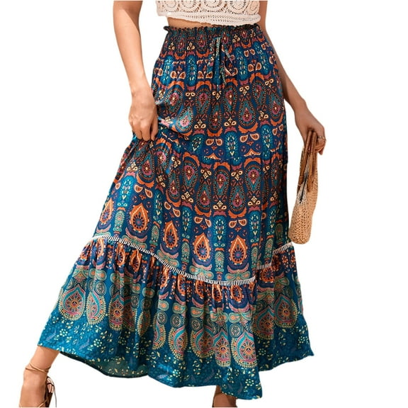 WTOBBY Women's High Waist Flowy Maxi Skirt Casual Large Swishy Circle Skirt Elastic Waist Tiered Long Skirt for Summer Beach and Daily Boho Style,Navy XL