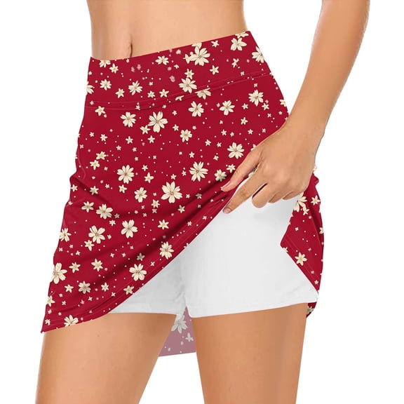 WTOBBY Women's High Waist Printed Floral Short Half Skirt with Attached Shorts, Casual Sports Pleated Yoga Skirt for Spring Summer Fashion and Fitness Wear,Red S