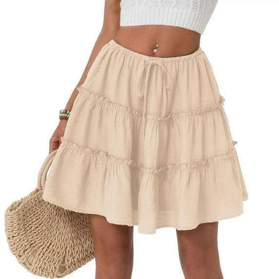 WTOBBY Women's High Waist Solid Color Summer Mini Skirt Anti-Static Lined Short Skirt with Built-in Shorts Casual Flowy A-Line Skirt for Daily Outing,Beige L