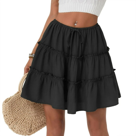 WTOBBY Women's High Waist Solid Color Summer Mini Skirt Anti-Static Lined Short Skirt with Built-in Shorts Casual Flowy A-Line Skirt for Daily Outing,Black S