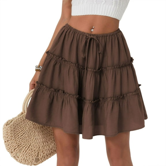 WTOBBY Women's High Waist Solid Color Summer Mini Skirt Anti-Static Lined Short Skirt with Built-in Shorts Casual Flowy A-Line Skirt for Daily Outing,Brown L