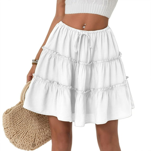 WTOBBY Women's High Waist Solid Color Summer Mini Skirt Anti-Static Lined Short Skirt with Built-in Shorts Casual Flowy A-Line Skirt for Daily Outing,White S
