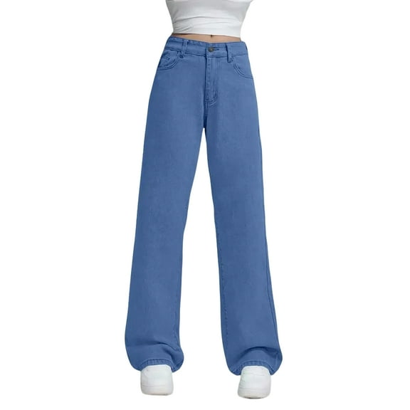 WTOBBY Women's High Waist Straight Leg Loose Fit Casual Trousers, Denim Jeans Style for Everyday Comfort and Versatile Styling,Blue M