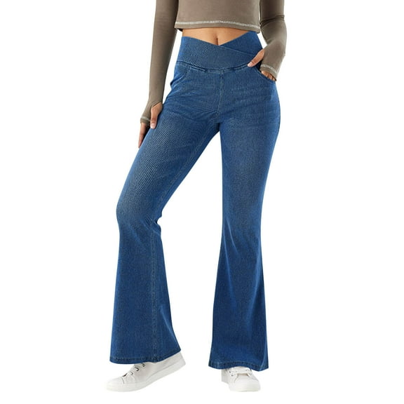 WTOBBY Women's High Waist Stretch Washed Flare Jeans, Casual Super Flare Denim Pants with a Comfortable and Breathable Fit, Perfect for Relaxed Style,Blue L