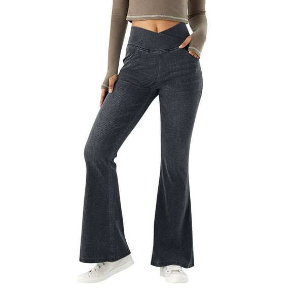 WTOBBY Women's High Waist Stretch Washed Flare Jeans, Casual Super Flare Denim Pants with a Comfortable and Breathable Fit, Perfect for Relaxed Style,Dark Gray L