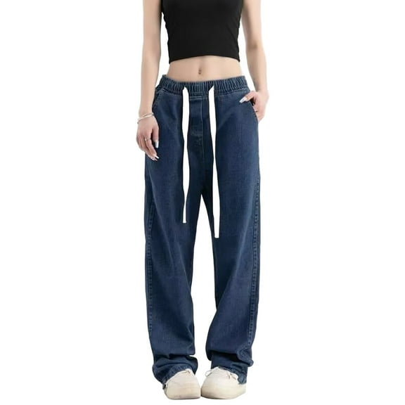 WTOBBY Women's High Waist Washed Straight Leg Jeans with Elastic Waist, Fashionable and Versatile Denim Pants for Casual Wear, Comfortable Daily Use with Modern Fit,Dark Blue S
