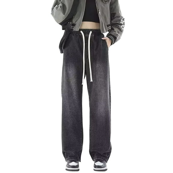 WTOBBY Women's High Waist Washed Straight Leg Jeans with Elastic Waist, Fashionable and Versatile Denim Pants for Casual Wear, Comfortable Daily Use with Modern Fit,Gray M